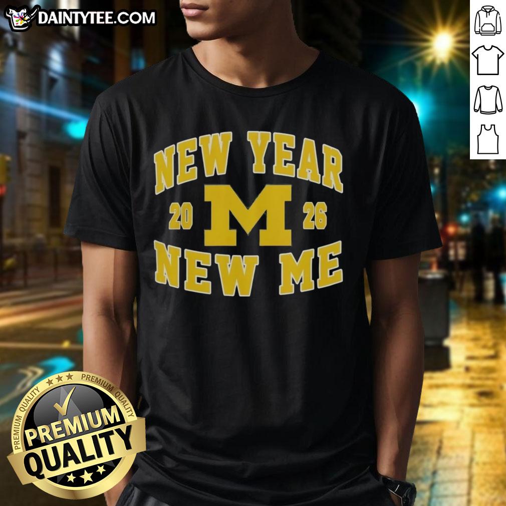 Alt Text: Awesome Michigan Wolverines Football New Year New Me 2026 logo T-shirt featuring vibrant colors and team spirit design.