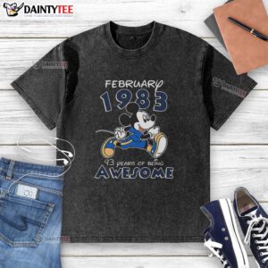 Awesome Mickey Mouse February 1983 washed t-shirt celebrating 43 years of creativity and nostalgia in vibrant colors.