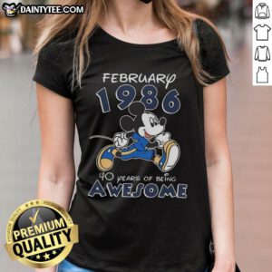 Awesome Mickey Mouse February 1986 ladies tee celebrating 40 years of being awesome with a vibrant design.