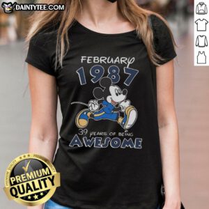 Alt Text: Awesome Mickey Mouse February 1987 tee celebrating 39 years of being awesome, perfect for ladies' casual wear.