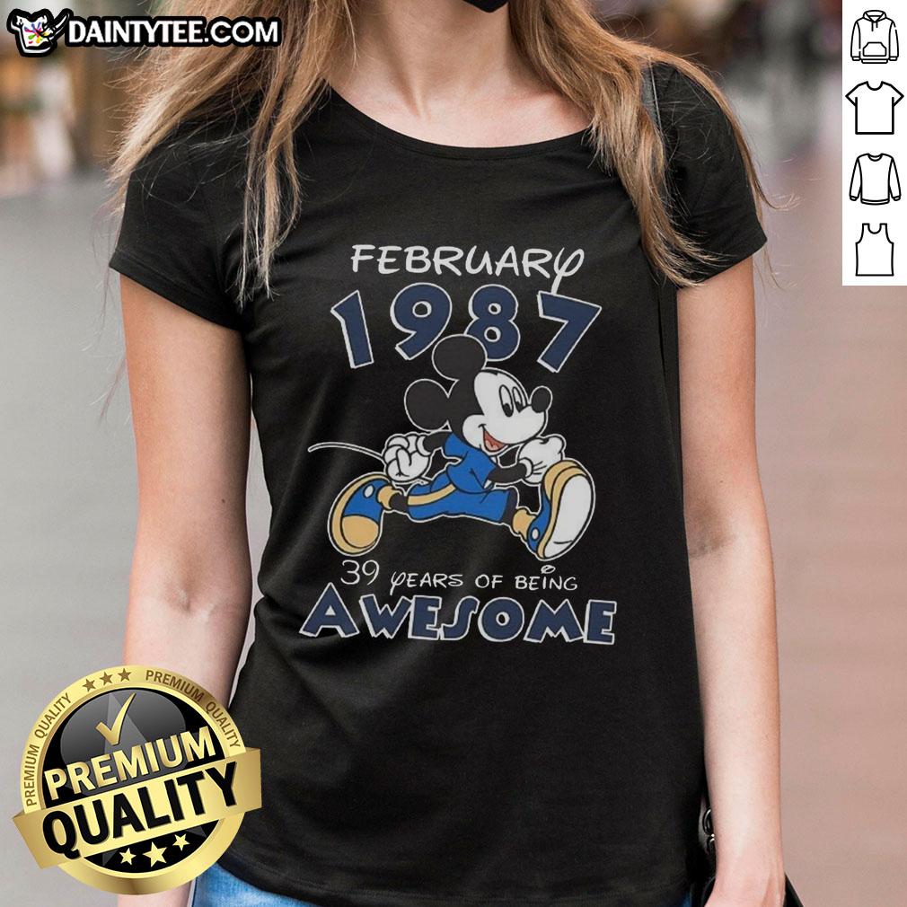 Alt Text: Awesome Mickey Mouse February 1987 tee celebrating 39 years of being awesome, perfect for ladies' casual wear.