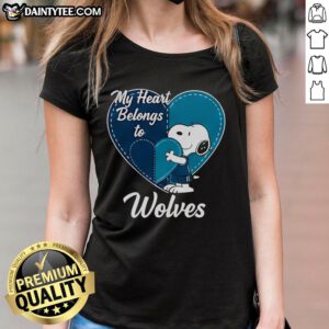 Alt Text: 2026 Minnesota Timberwolves X Snoopy Cartoon Valentine Ladies Tee featuring fun graphics and vibrant colors.