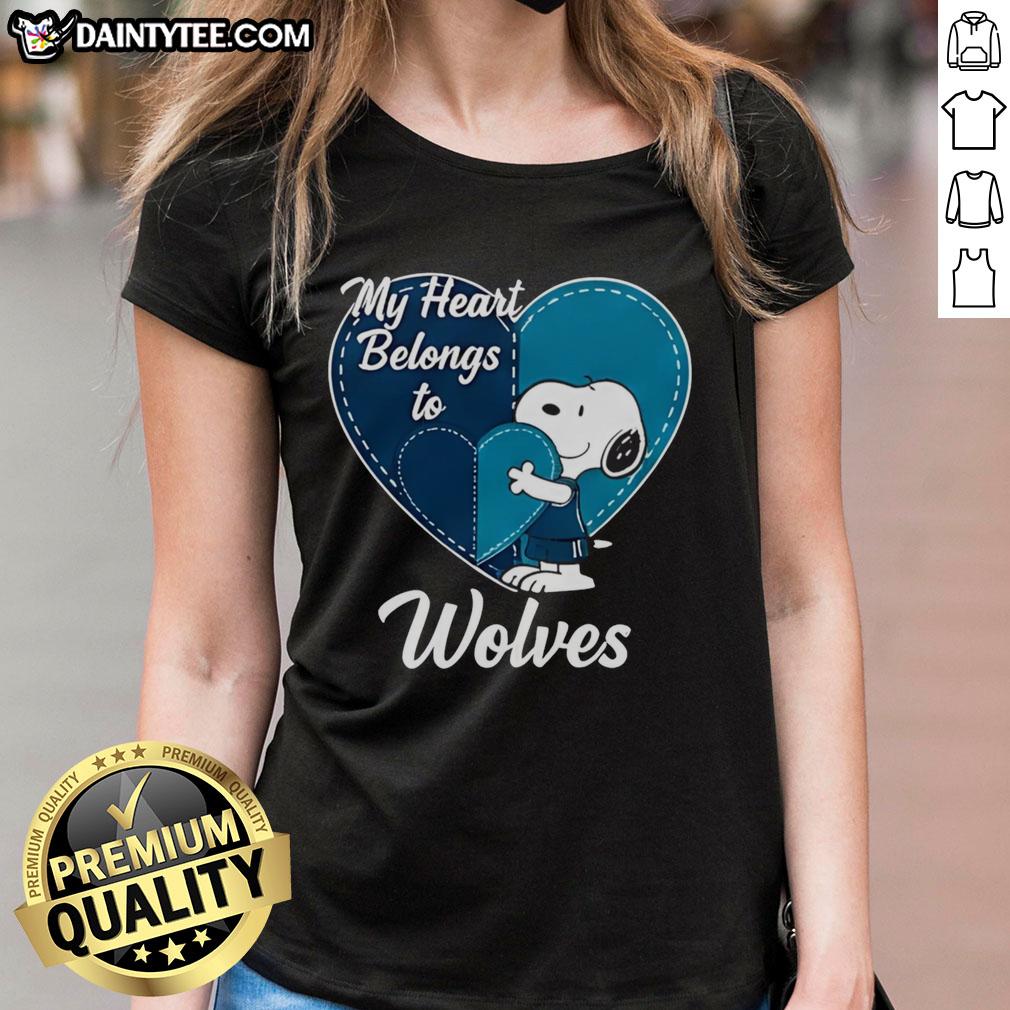 Alt Text: 2026 Minnesota Timberwolves X Snoopy Cartoon Valentine Ladies Tee featuring fun graphics and vibrant colors.