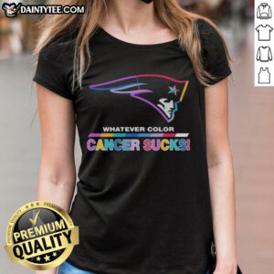New England Patriots logo on a colorful ladies tee, promoting awareness for cancer with a bold, stylish design.