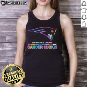 New England Patriots football tank top featuring colorful 'Cancer Sucks' logo, perfect for fans supporting a cause.