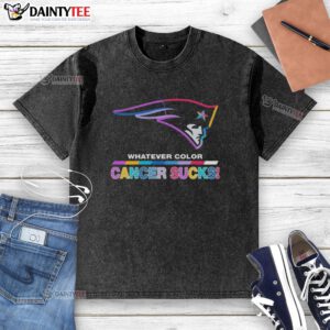 New England Patriots football t-shirt with colorful cancer awareness logo, showcasing support for cancer research and patients.