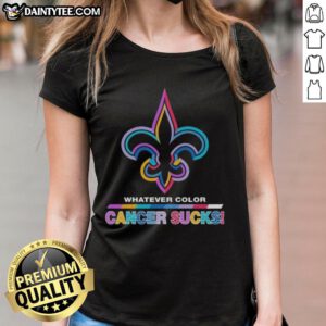 Awesome New Orleans Saints football ladies tee featuring colorful cancer awareness design and logo.