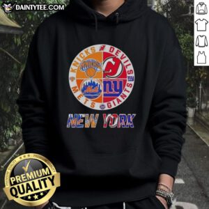 Alt Text: Awesome New York City sports hoodie featuring Knicks, Devils, Giants, and Mets logos in a stylish design.