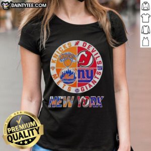 Awesome New York City sports logos for Knicks, Devils, Giants, and Mets on a ladies tee shirt design.