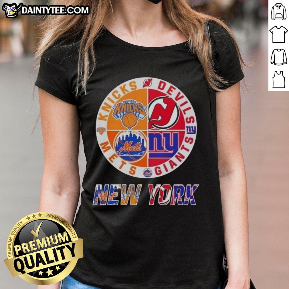 Awesome New York City sports logos for Knicks, Devils, Giants, and Mets on a ladies tee shirt design.