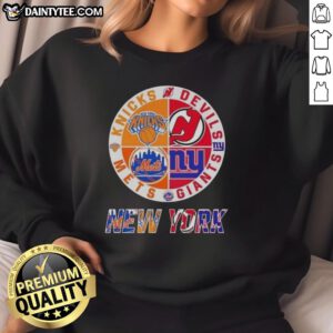 Awesome New York City sports sweatshirt featuring Knicks, Devils, Giants, and Mets logos in a stylish design.