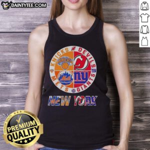 Alt Text: Awesome New York City Sports tank top featuring Knicks, Devils, Giants, and Mets logos for fans.