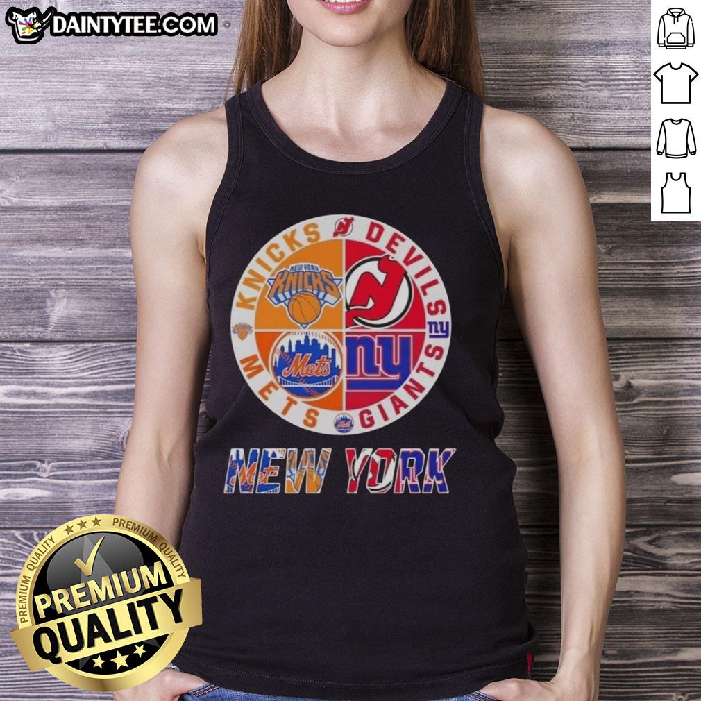 Alt Text: Awesome New York City Sports tank top featuring Knicks, Devils, Giants, and Mets logos for fans.