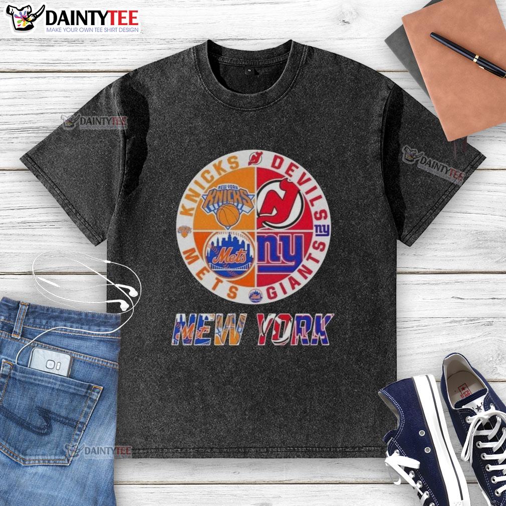 Alt Text: Awesome New York City sports logos on a washed t-shirt featuring Knicks, Devils, Giants, and Mets designs.