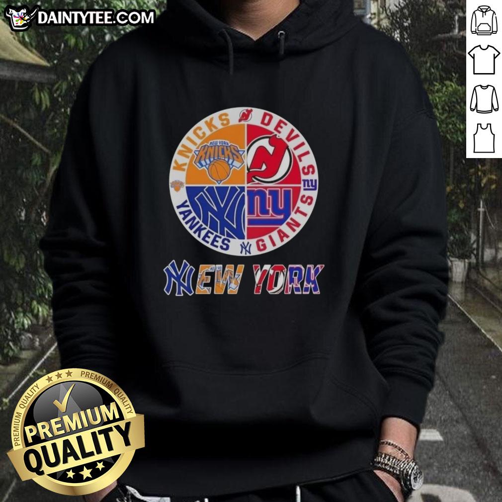 Awesome New York City Sports hoodie featuring Knicks, Devils, Giants, and Yankees logos, perfect for fans.