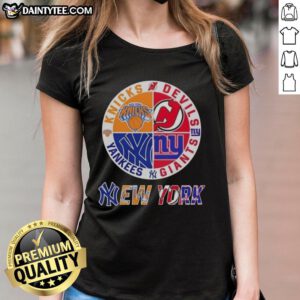 Alt Text: Awesome New York City sports team logos for Knicks, Devils, Giants, and Yankees on a ladies' tee shirt.