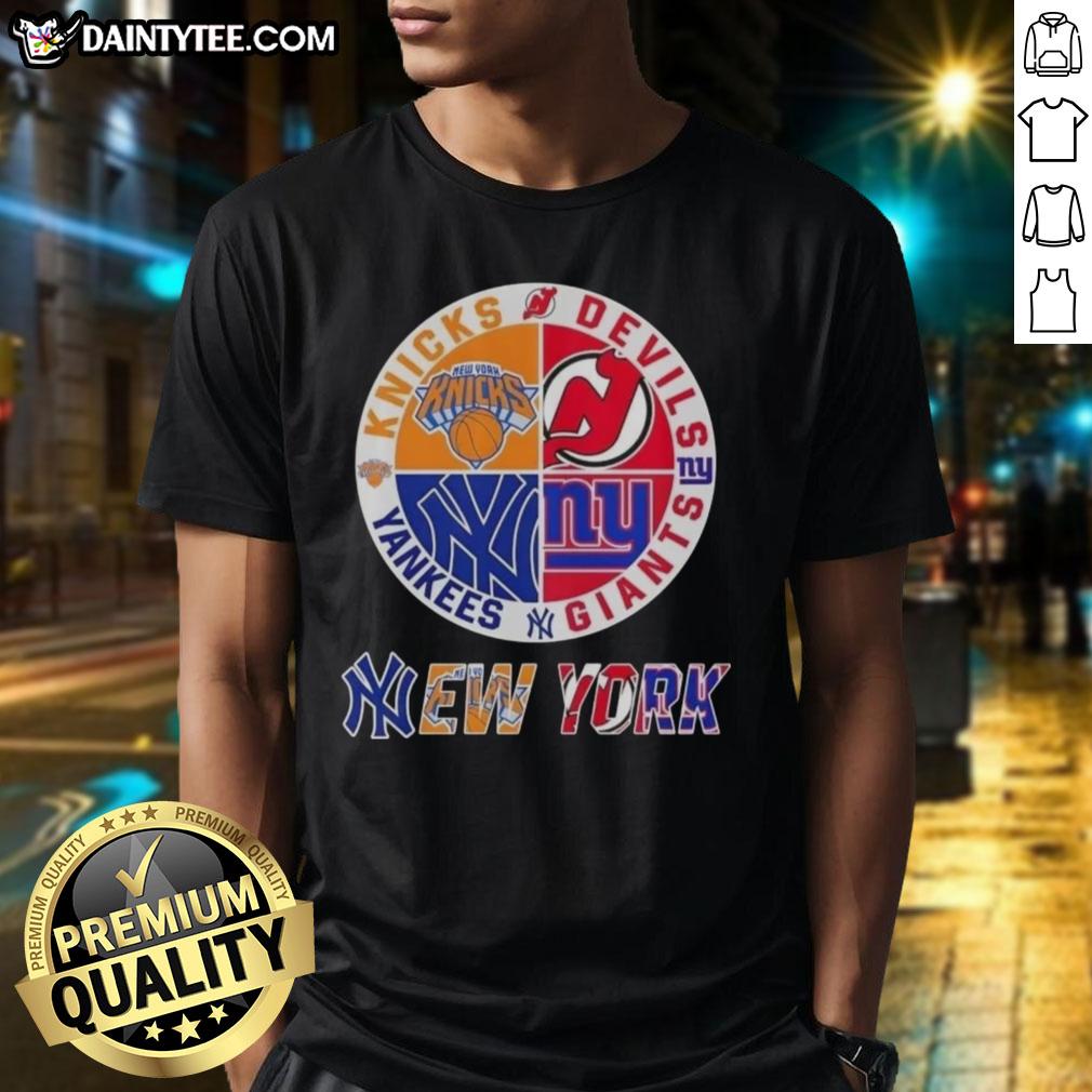 Awesome New York City Sports T-Shirt featuring Knicks, Devils, Giants, and Yankees logos in a stylish design.