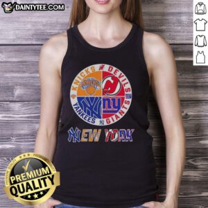 Awesome New York City sports tank top featuring logos of Knicks, Devils, Giants, and Yankees for passionate fans.