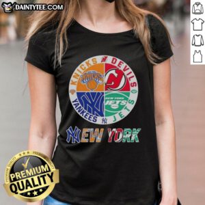 Awesome New York City sports logos for Knicks, Devils, Jets, and Yankees on a stylish ladies tee.
