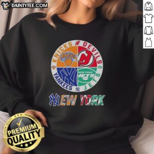 Alt Text: Awesome New York City sports sweatshirt featuring Knicks, Devils, Jets, and Yankees logos for fans.