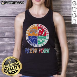 Awesome New York City sports tank top featuring Knicks, Devils, Jets, and Yankees logos for passionate fans.