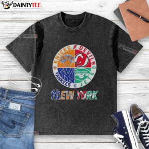 Alt Text: Awesome New York City Sports Knicks Devils Jets Yankees logos on a combine washed t-shirt, perfect for fans.
