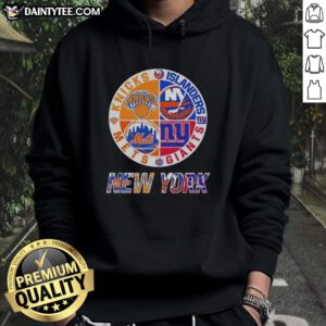 Awesome New York City sports hoodie featuring Knicks, Islanders, Giants, and Mets logos in a stylish design.