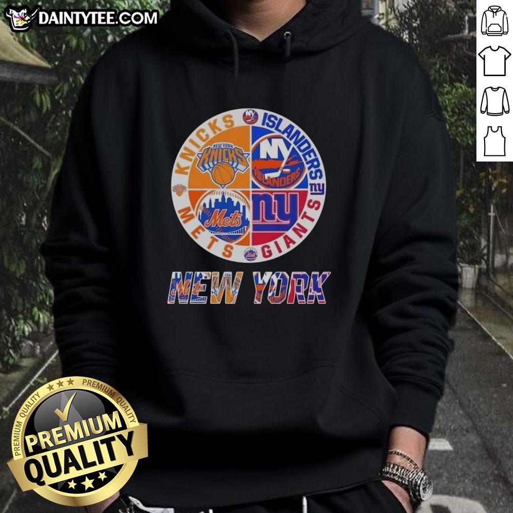 Awesome New York City sports hoodie featuring Knicks, Islanders, Giants, and Mets logos in a stylish design.