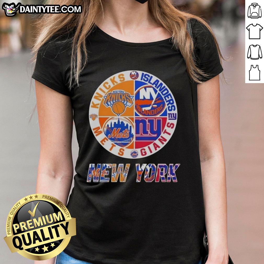 Awesome New York City sports logos for Knicks, Islanders, Giants, and Mets on a ladies tee shirt.