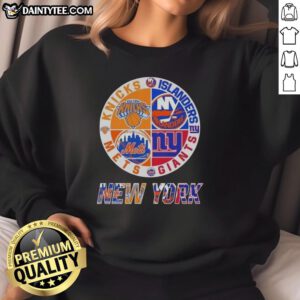 Awesome New York City Sports sweatshirt featuring Knicks, Islanders, Giants, and Mets logos for fans.