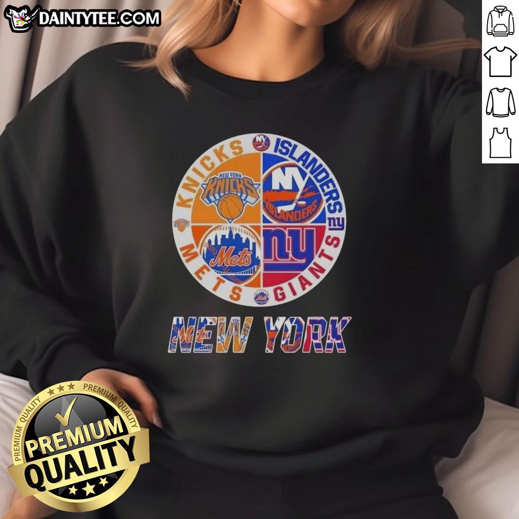 Awesome New York City Sports sweatshirt featuring Knicks, Islanders, Giants, and Mets logos for fans.