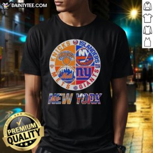 Alt Text: Awesome New York City sports t-shirt featuring Knicks, Islanders, Giants, and Mets logos in a stylish design.