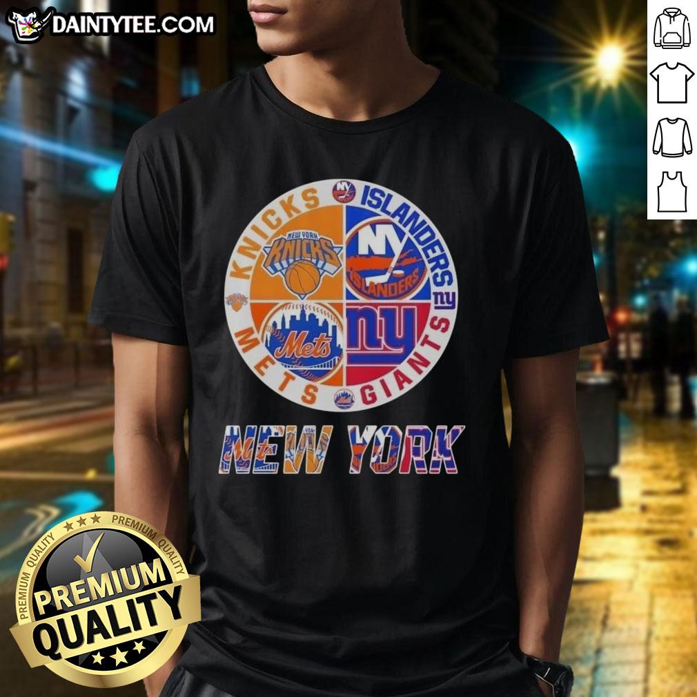 Alt Text: Awesome New York City sports t-shirt featuring Knicks, Islanders, Giants, and Mets logos in a stylish design.