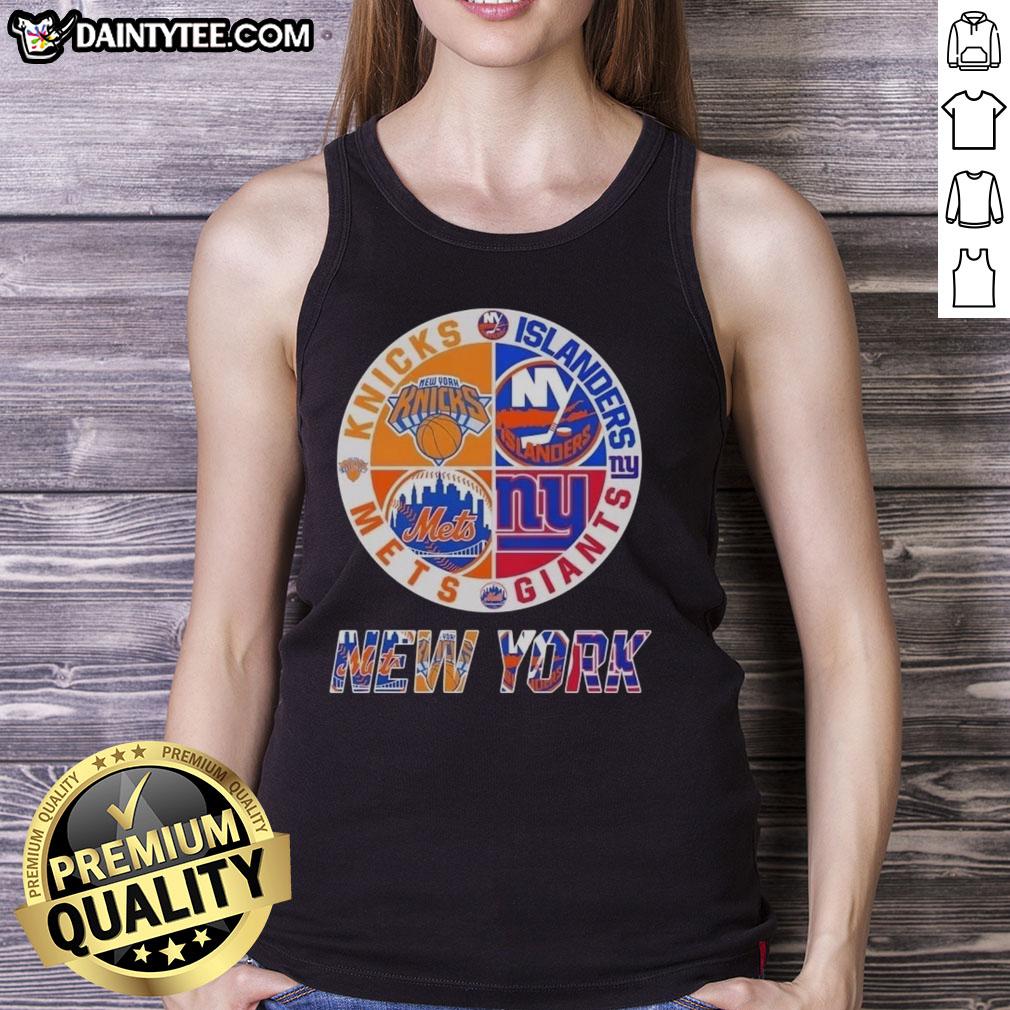 Awesome New York City sports tank top featuring Knicks, Islanders, Giants, and Mets logos for fan apparel.
