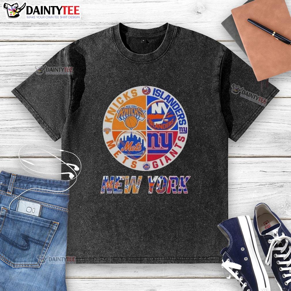 Awesome New York City sports logos on a washed t-shirt featuring Knicks, Islanders, Giants, and Mets designs.