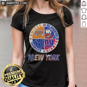 Awesome New York City sports logos for Knicks, Islanders, Giants, and Yankees on a stylish ladies tee shirt.