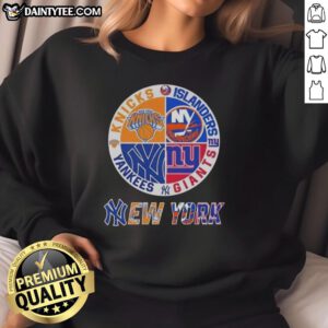 Alt Text: Awesome New York City Sports sweatshirt featuring Knicks, Islanders, Giants, and Yankees logos in a stylish design.