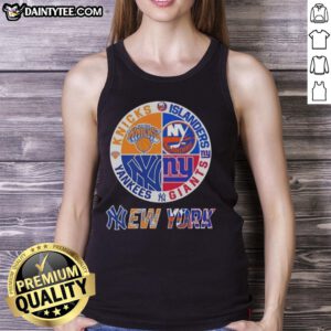 Alt Text: Awesome New York City sports tank top featuring Knicks, Islanders, Giants, and Yankees logos in vibrant design.