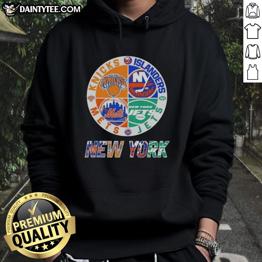 Awesome New York City sports hoodie featuring Knicks, Islanders, Jets, and Mets logos, perfect for fans.