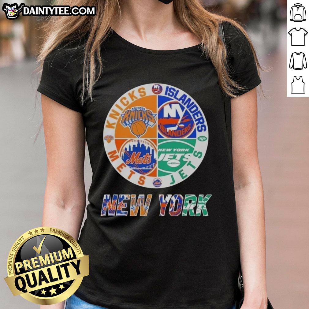 Alt Text: Awesome New York City sports logos for Knicks, Islanders, Jets, and Mets on a ladies tee shirt.