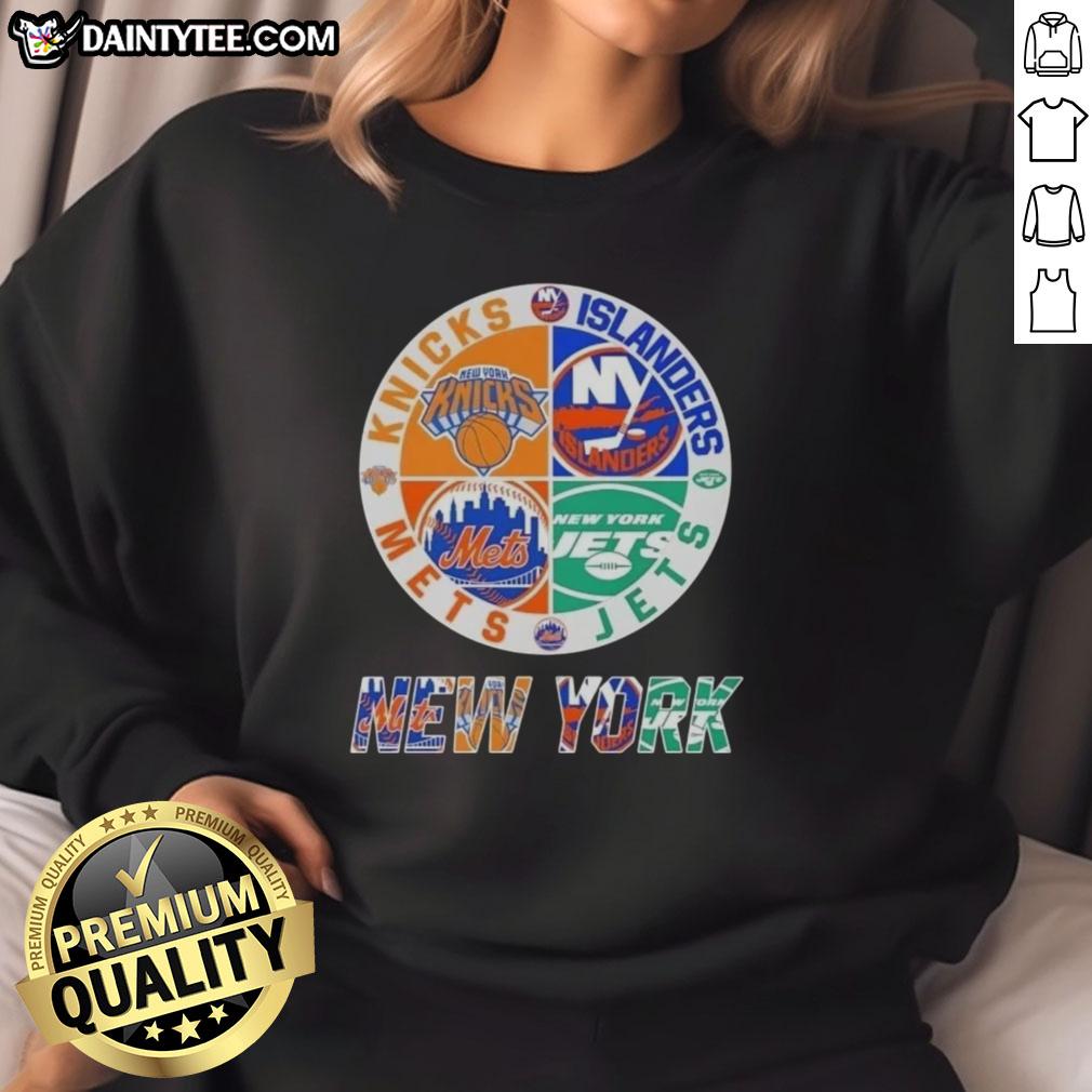 Awesome New York City sports sweatshirt featuring Knicks, Islanders, Jets, and Mets logos for fans.