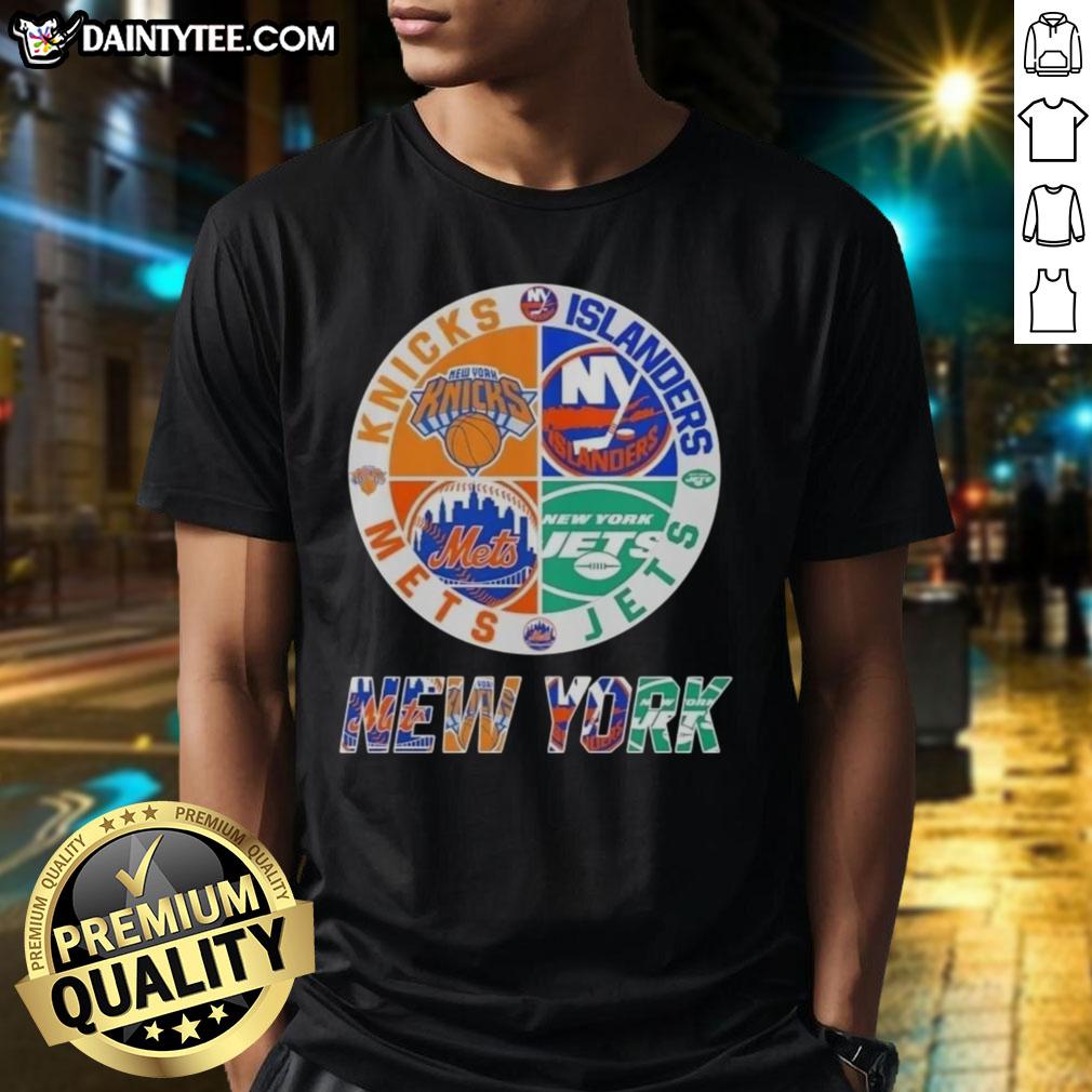 Awesome New York City sports t-shirt featuring Knicks, Islanders, Jets, and Mets logos for fans.