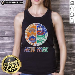 Alt Text: Stylish tank top featuring logos of Knicks, Islanders, Jets, and Mets, perfect for NYC sports fans.