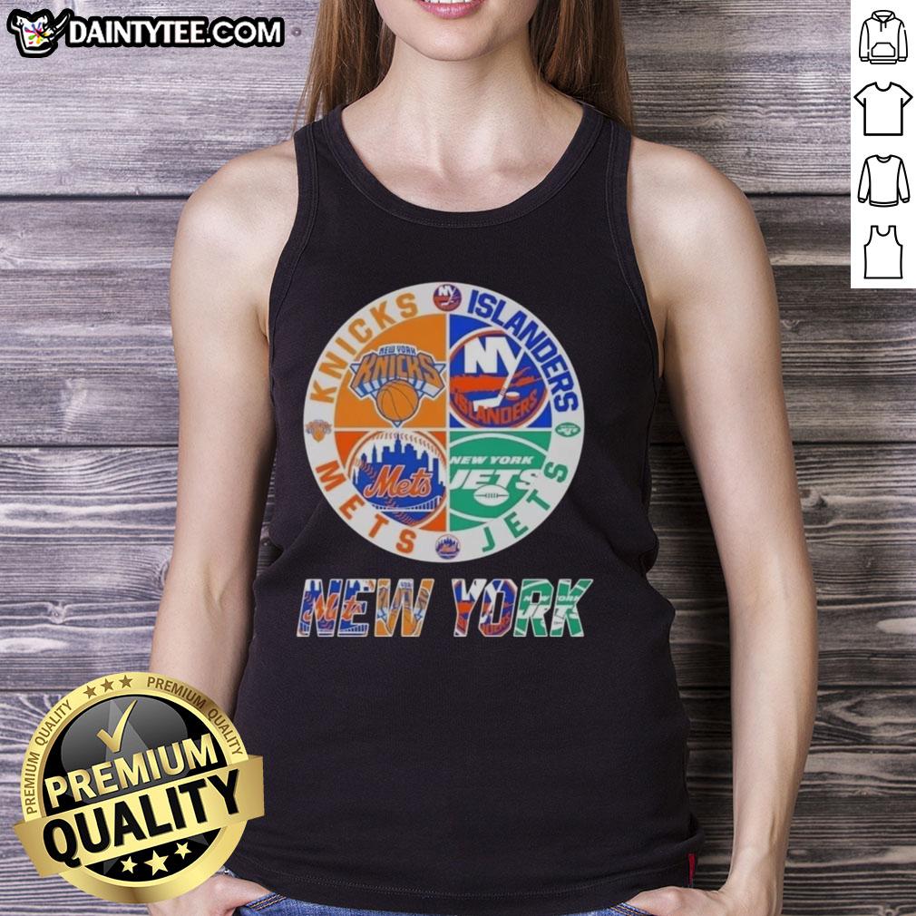 Alt Text: Stylish tank top featuring logos of Knicks, Islanders, Jets, and Mets, perfect for NYC sports fans.