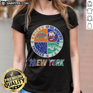 Awesome New York City sports logos: Knicks, Islanders, Jets, and Yankees on a stylish ladies tee for fans.