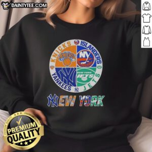 Awesome New York City sports sweatshirt featuring Knicks, Islanders, Jets, and Yankees logos in a stylish design.