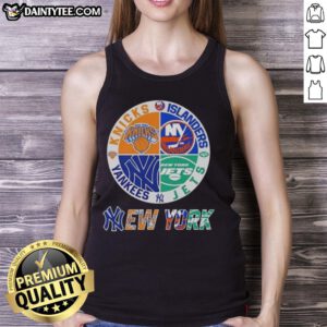 Alt Text: Awesome New York City sports tank top featuring Knicks, Islanders, Jets, and Yankees logos for fans.