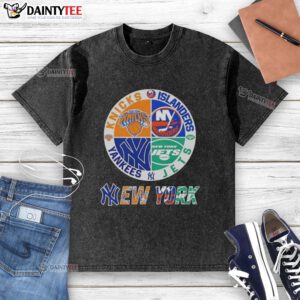 Alt Text: Awesome New York City sports t-shirt featuring Knicks, Islanders, Jets, and Yankees logos on a washed design.