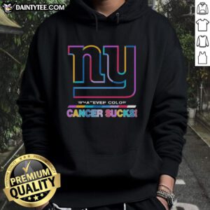 New York Giants hoodie featuring colorful 'Cancer Sucks' logo, perfect for fans supporting a great cause.
