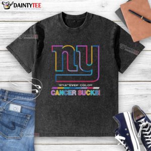 Awesome New York Giants football T-shirt in washed colors, supporting cancer awareness with a bold logo design.